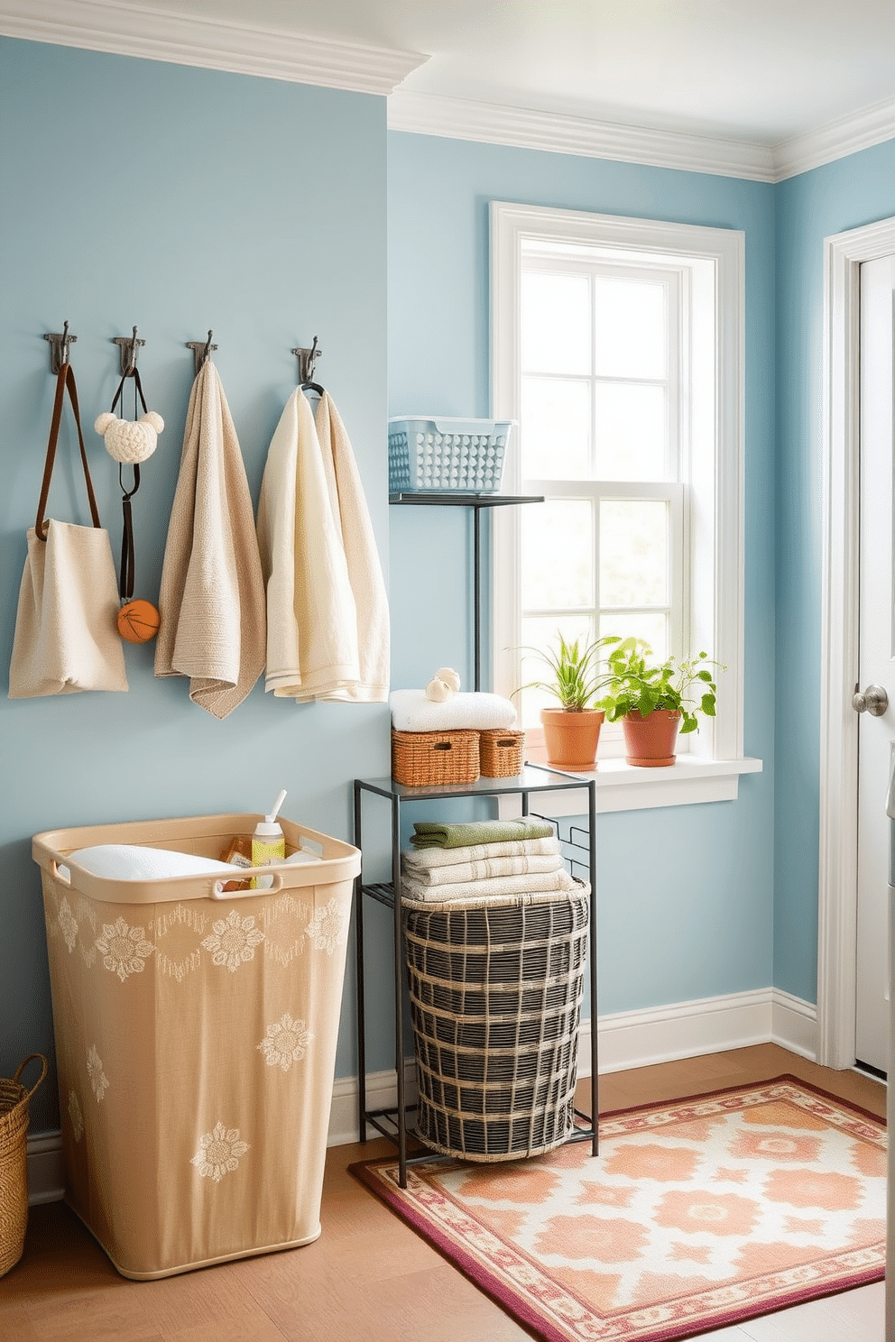 A bright and functional laundry room featuring decorative hooks for hanging accessories. The walls are painted in a soft blue hue, and a stylish shelving unit displays neatly folded towels and laundry supplies. A vintage-inspired laundry basket sits in one corner, while a cheerful rug adds warmth underfoot. Potted plants on the windowsill bring a touch of nature to the space, creating an inviting atmosphere for laundry day.