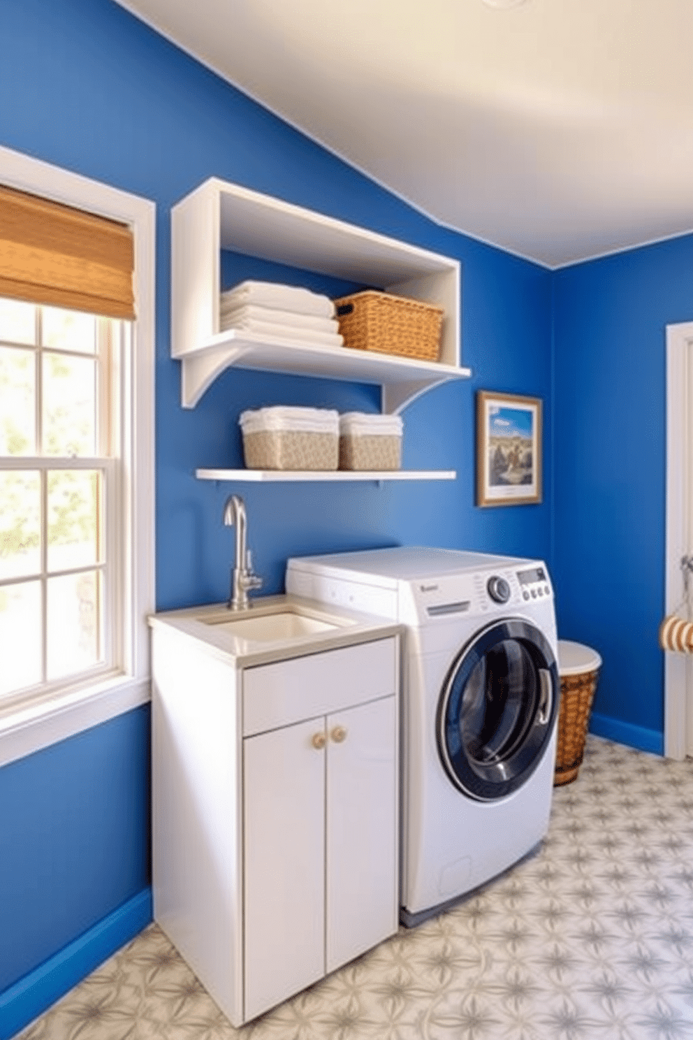 A vibrant laundry room featuring a colorful accent wall painted in a cheerful blue shade. The space includes a modern washing machine and dryer stacked for efficiency, with open shelving above displaying neatly folded towels and decorative baskets. The floor is adorned with a playful patterned tile that adds a touch of whimsy. A large window allows natural light to flood the room, creating a bright and inviting atmosphere perfect for tackling laundry tasks.