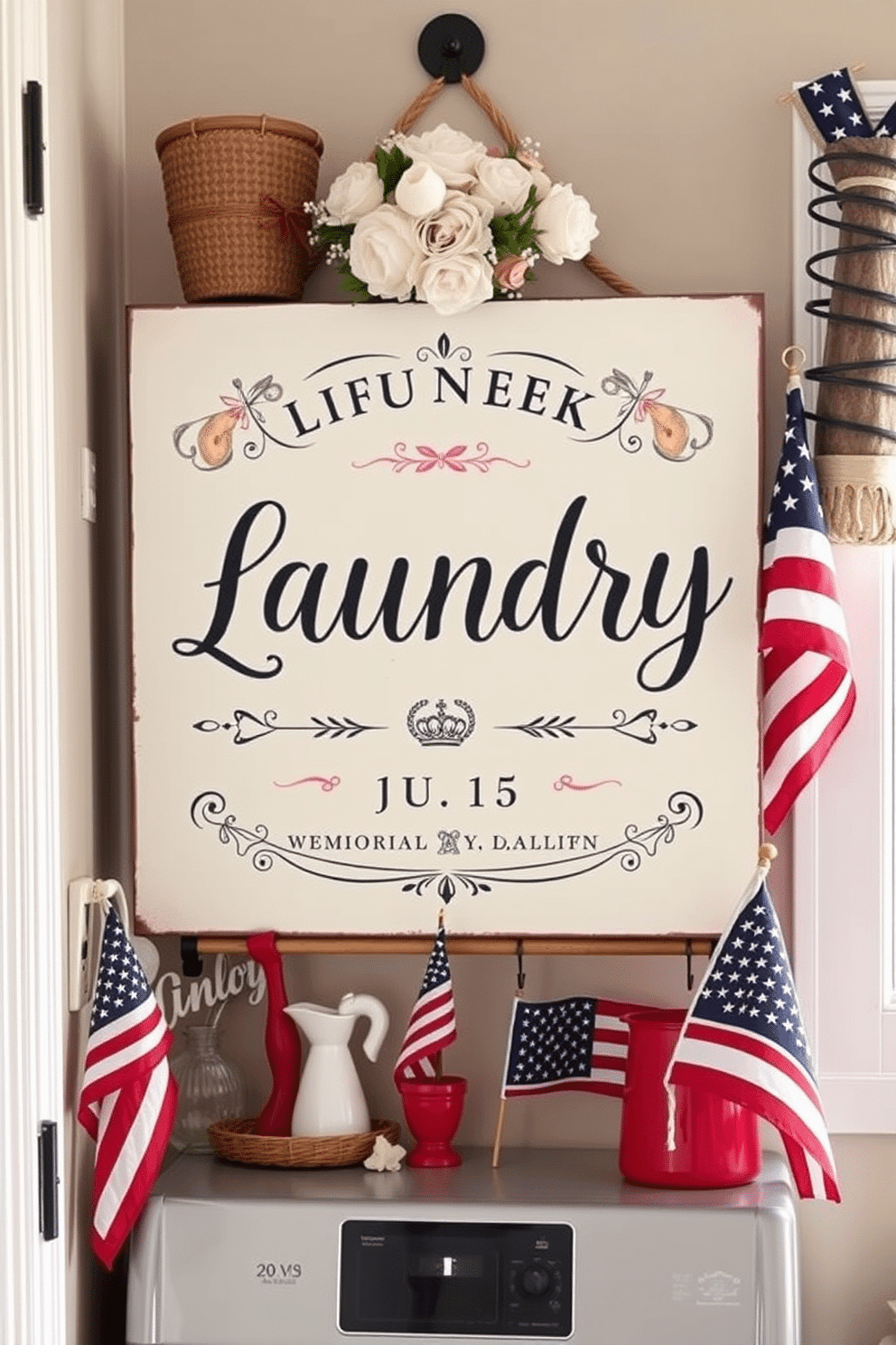 Create a personalized laundry sign that features elegant typography and a soft color palette. The design includes decorative elements like floral accents and playful laundry-themed illustrations. For Memorial Day laundry room decorating ideas, incorporate red white and blue color schemes with patriotic motifs. Add vintage laundry tools and American flags to create a festive and welcoming atmosphere.