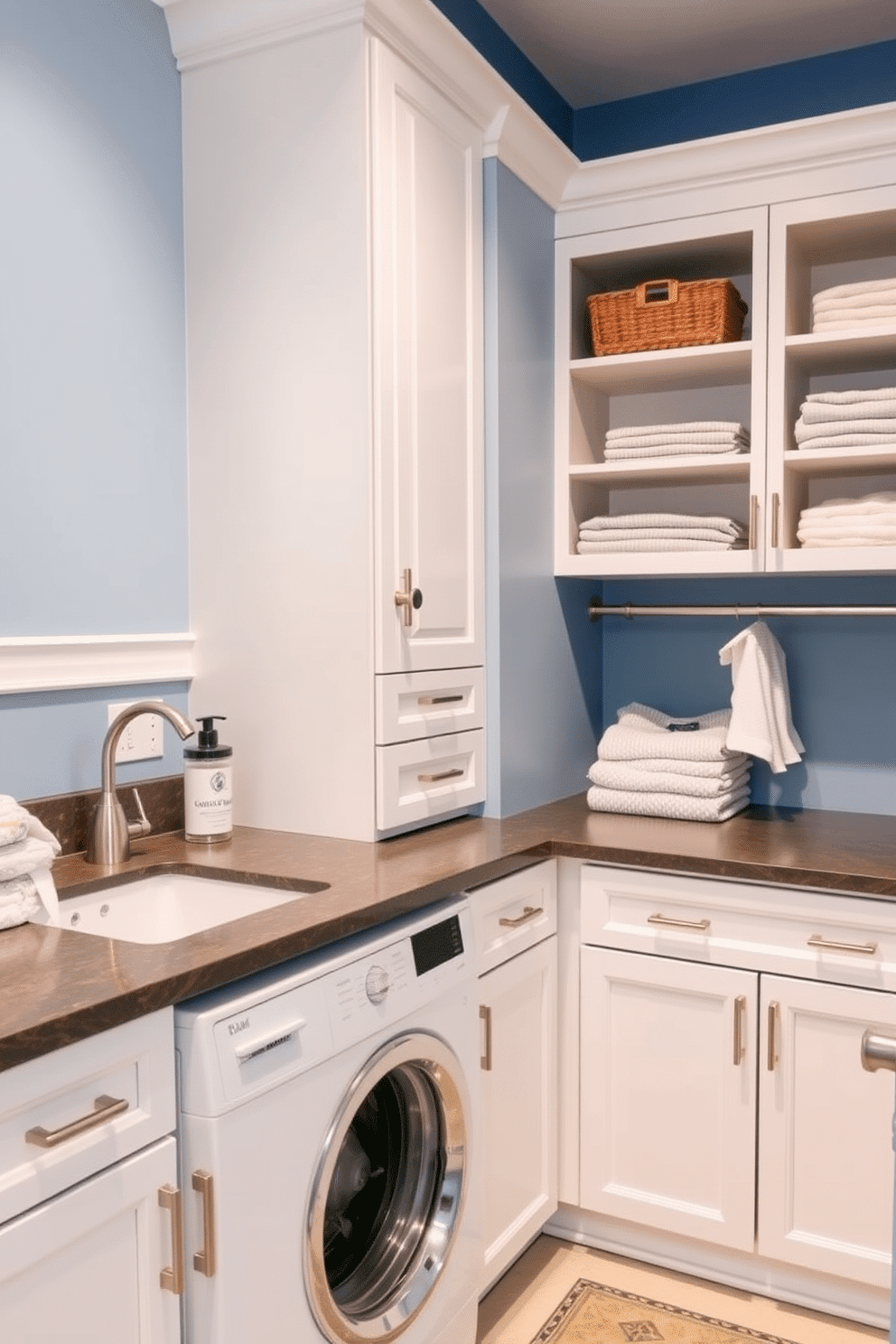 A stylish laundry room featuring a functional folding station. The folding station is adorned with a sleek countertop made of quartz, providing ample space for sorting and folding clothes. The walls are painted in a soft blue hue, creating a calming atmosphere. Bright white cabinetry with brushed nickel handles offers plenty of storage for laundry supplies and essentials.