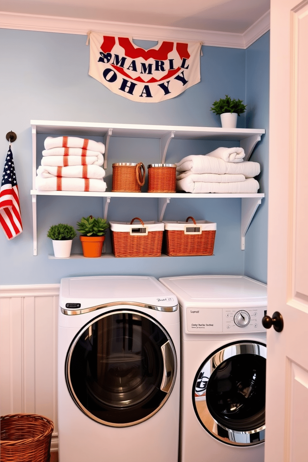 A bright and airy laundry room features open shelving that showcases neatly folded towels and decorative storage baskets. The walls are painted a soft blue, and a vintage-style washer and dryer sit side by side, adding charm to the space. Memorial Day decorations include a patriotic color scheme with red, white, and blue accents. A cheerful banner hangs above the open shelving, and small potted plants add a touch of greenery to the room.