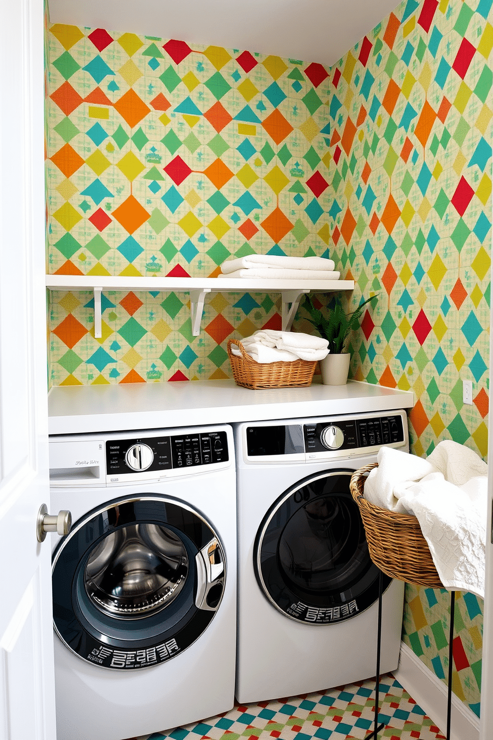 A vibrant laundry room adorned with a playful wallpaper featuring colorful geometric patterns. The walls are lively and inviting, creating a cheerful atmosphere for chores. In the center, a sleek white washing machine and dryer are paired, with a stylish countertop above for folding clothes. A wicker basket filled with freshly laundered towels sits beside a small potted plant, adding a touch of greenery.