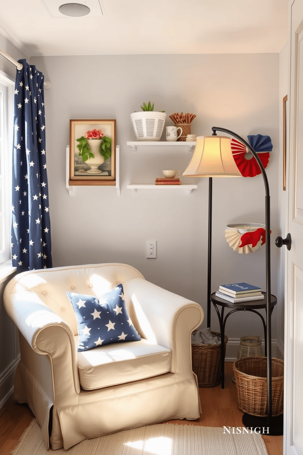 A cozy reading nook with a plush armchair upholstered in soft fabric sits in the corner of a sunlit room. A small side table holds a steaming cup of tea and a stack of favorite books, while a floor lamp with a warm glow illuminates the space. Memorial Day laundry room decorating ideas feature a fresh and cheerful color palette of red, white, and blue. Vintage-inspired storage baskets and patriotic-themed wall art add a festive touch, making laundry day feel more enjoyable.