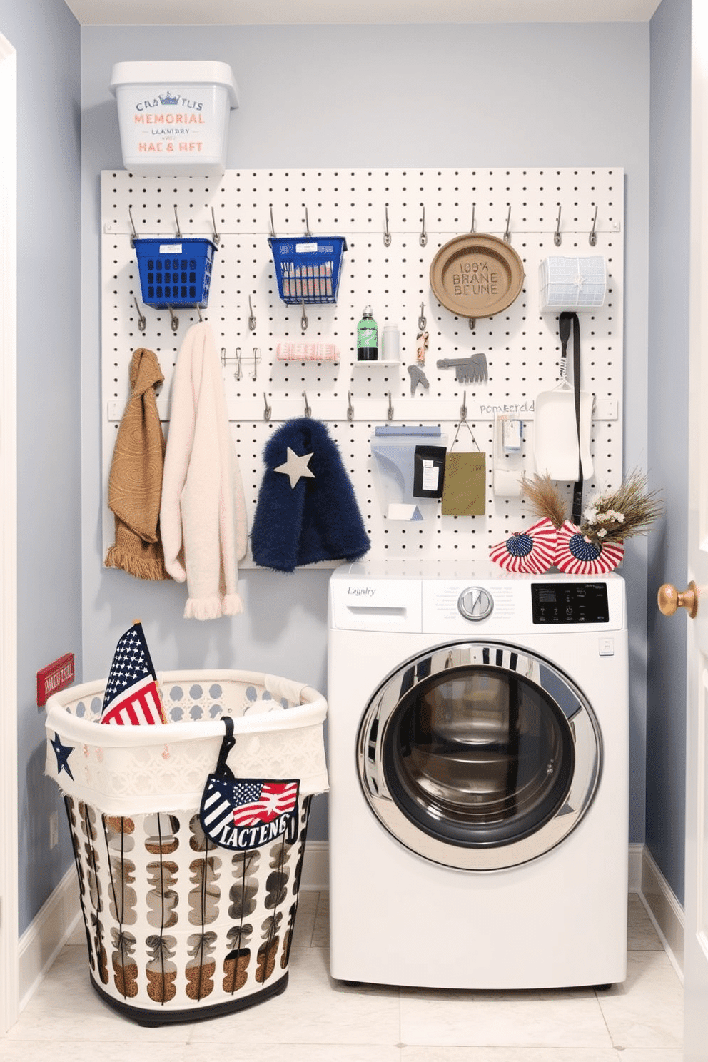 A functional laundry room featuring a pegboard for organization. The pegboard is mounted on the wall, displaying various hooks and baskets for easy access to laundry essentials. The color scheme includes soft blues and whites, creating a fresh and inviting atmosphere. A stylish laundry basket sits in one corner, complemented by seasonal decorations for Memorial Day.