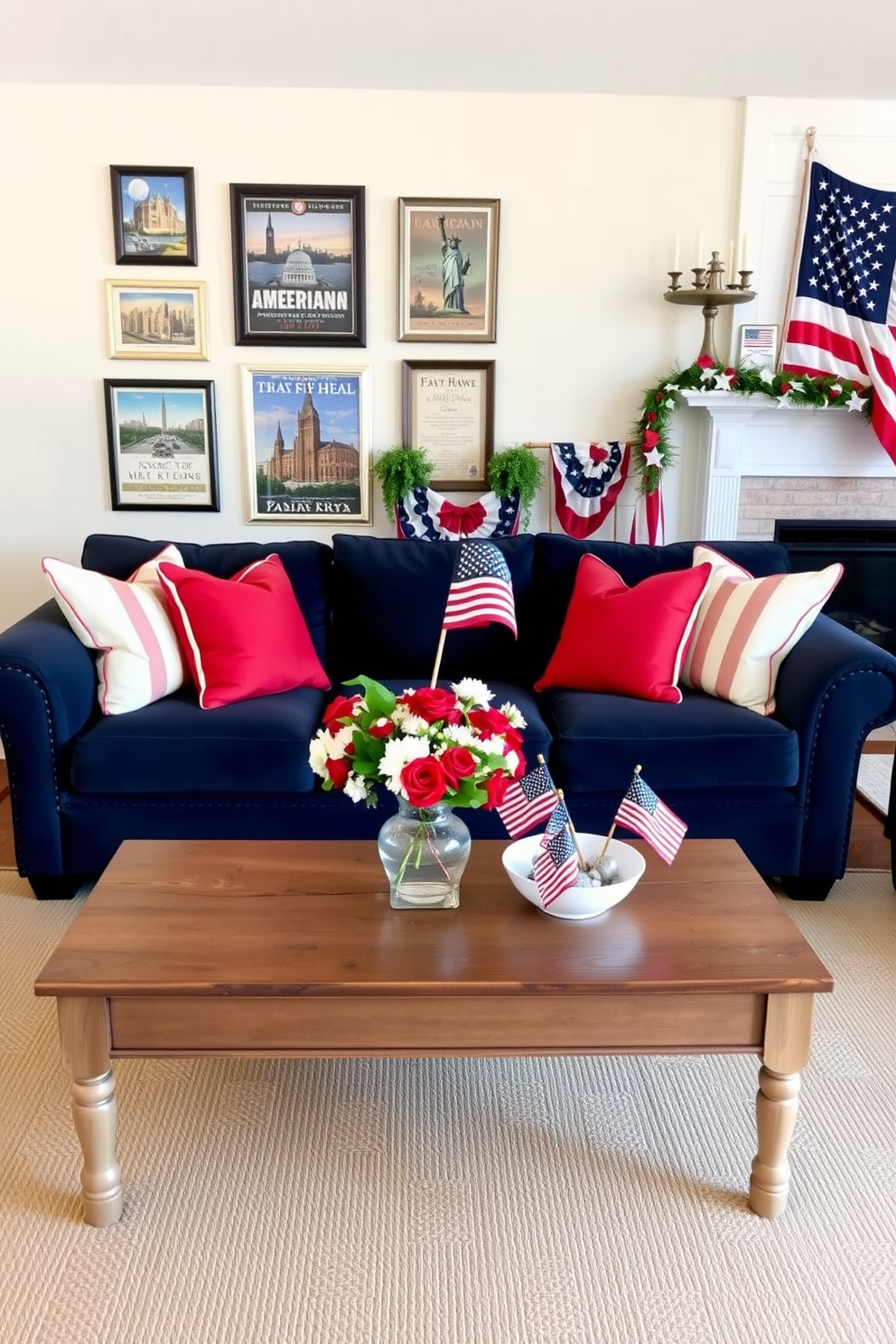 A cozy living room decorated for Memorial Day. A plush navy blue sofa adorned with red and white striped throw pillows sits against a wall painted in a soft cream color. Above the sofa, a gallery wall features framed photographs of American landmarks and vintage patriotic posters. A wooden coffee table in front of the sofa holds a vase filled with red, white, and blue flowers, and a decorative bowl of small American flags. Across from the sofa, a white fireplace mantel is decorated with a garland of stars and stripes, and a large American flag is draped above it. The floor is covered with a warm, beige rug that adds a touch of comfort to the room.