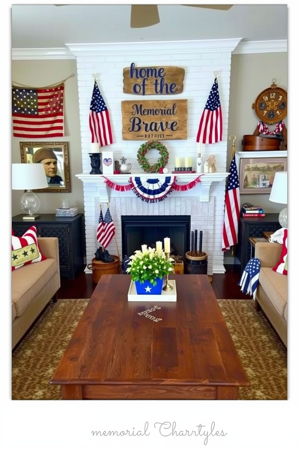 A cozy living room decorated for Memorial Day. There's a rustic wooden coffee table with a distressed finish, surrounded by a comfortable sofa and armchairs in shades of red, white, and blue. Above the fireplace, a wooden sign with the quote 