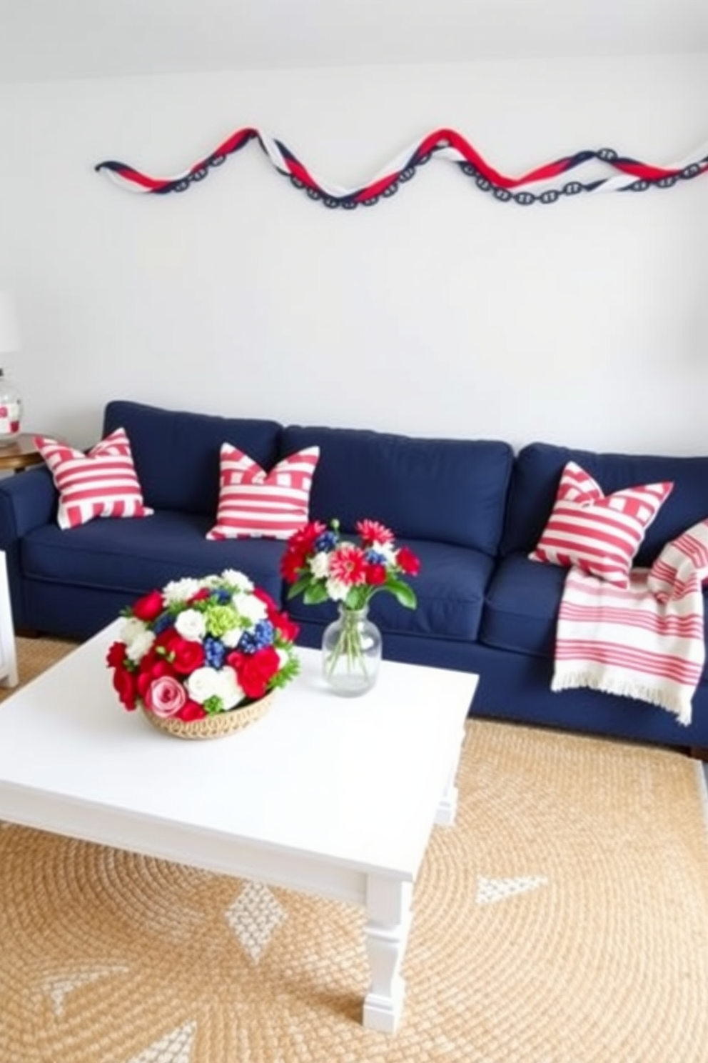 A patriotic living room setup. The space features a large, comfortable navy blue sofa adorned with red and white striped throw pillows. Above the sofa, a red, white, and blue garland is draped elegantly, adding a festive touch. The walls are painted a soft white, providing a clean backdrop for the vibrant decor. On the coffee table, a centerpiece of red, white, and blue flowers stands out. A woven rug with a subtle star pattern covers the floor, tying the whole look together.