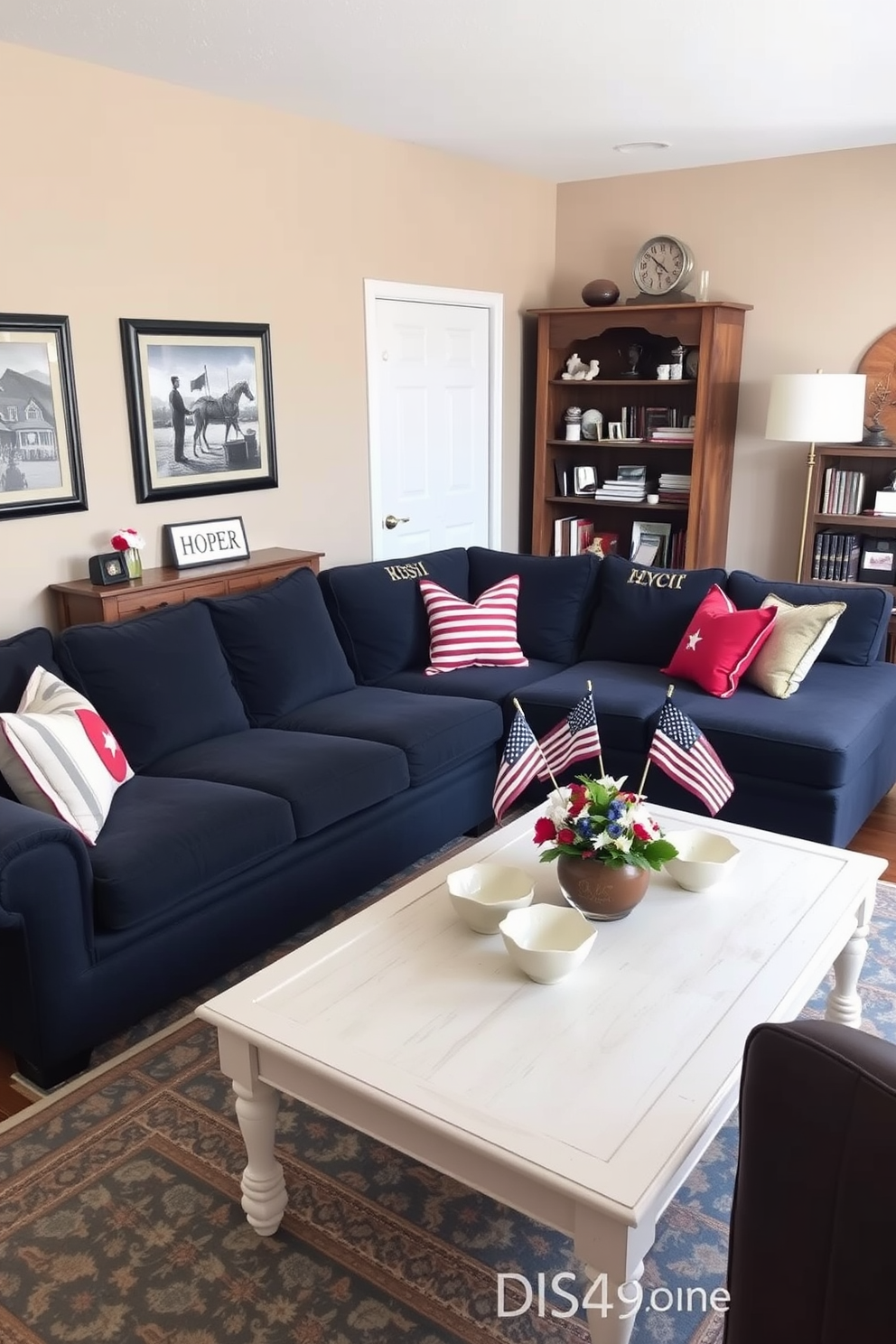 A cozy living room setting. There's a large, plush sofa in a deep navy blue color, adorned with star-shaped decorative bowls on the coffee table in front. The walls are painted in a soft beige, providing a warm backdrop to the room. To the right of the sofa, a tall bookshelf filled with various books and trinkets adds character. A floor lamp with a gold base stands beside the bookshelf, casting a soft light over the space. The floor is covered with a patterned rug in shades of blue and beige, tying the room together. A festive living room setting. The space is decorated for Memorial Day with red, white, and blue accents throughout. A large, comfortable sectional sofa sits in the center, adorned with patriotic-themed throw pillows. On the coffee table, a centerpiece featuring small American flags and flowers in red, white, and blue hues adds a celebratory touch. The walls are adorned with framed artwork depicting historical American scenes. A rustic wooden cabinet stands against one wall, displaying various Memorial Day memorabilia and decorative items. The floor is covered with a neutral-toned rug, allowing the festive decorations to stand out.