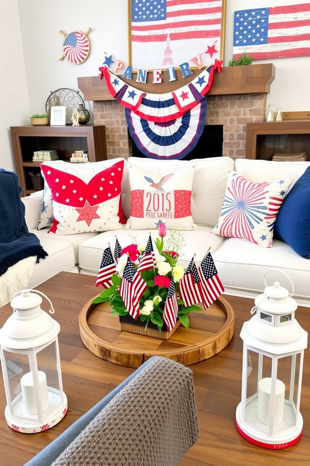 Festive coasters with patriotic designs. A set of four round coasters featuring bold red, white, and blue patterns, including stars, stripes, and fireworks. Each coaster is made from durable ceramic with a cork backing to protect surfaces, perfect for adding a touch of patriotism to your Memorial Day celebrations. Memorial Day Living Room Decorating Ideas. Transform your living room into a patriotic haven with red, white, and blue throw pillows, a star-spangled banner draped across the mantel, and a rustic wooden coffee table centerpiece featuring miniature American flags and fresh flowers. Add cozy touches with a navy blue throw blanket, white lanterns filled with fairy lights, and a vintage-inspired American flag wall art to complete the look.