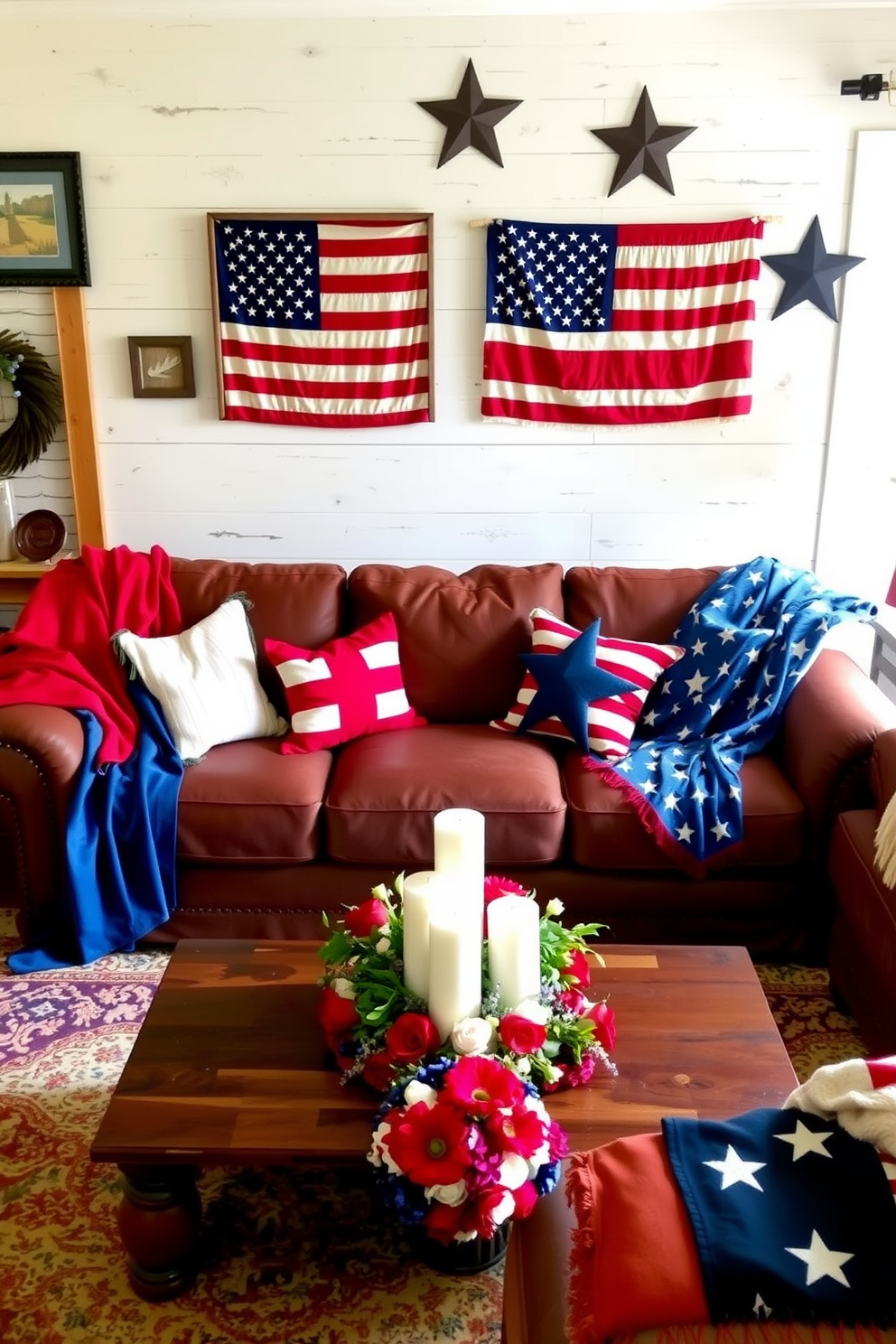 A cozy living room adorned with throw blankets in flag colors. The sofa features a red blanket draped over one armrest, a blue blanket on the backrest, and a white blanket folded neatly on the coffee table, creating a patriotic ambiance. A Memorial Day living room decorated with a mix of rustic and contemporary elements. The walls are adorned with framed American flags and star-shaped wall art, while the seating area features plush sofas with red, white, and blue cushions, and a coffee table centerpiece of candles and fresh flowers in patriotic colors.