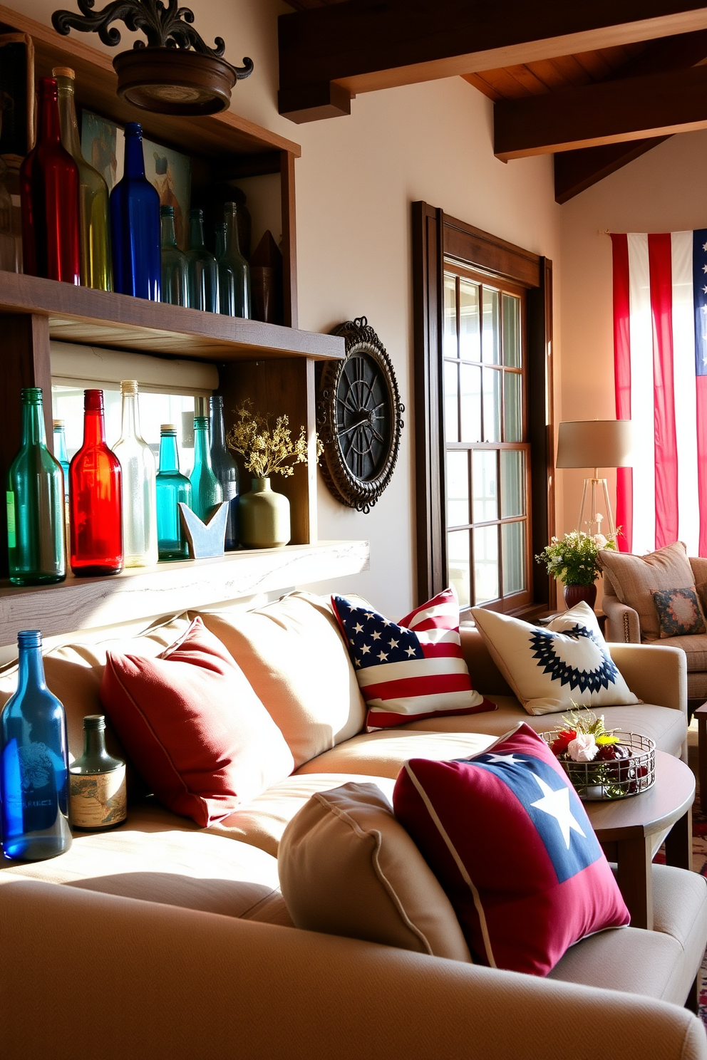 A cozy living room adorned with vintage glass bottles in the colors of the flag. The bottles are displayed on a rustic wooden shelf, each one catching the light and adding a touch of nostalgic charm to the space. A patriotic Memorial Day living room featuring red, white, and blue decor. The room has a large comfortable sofa with throw pillows in flag colors, and an American flag hanging proudly on the wall, creating a warm and festive atmosphere.