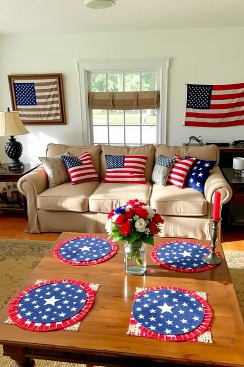 A cozy living room decorated for Memorial Day. The centerpiece is a large, comfortable sofa adorned with American flag-themed throw pillows. A coffee table in front of the sofa is set with patriotic placemats in red, white, and blue, featuring star patterns. On the walls, vintage American flags are framed and hung, adding a touch of nostalgia. The room is filled with natural light from large windows, and a vase with red, white, and blue flowers sits on a side table next to a patriotic-themed candle.