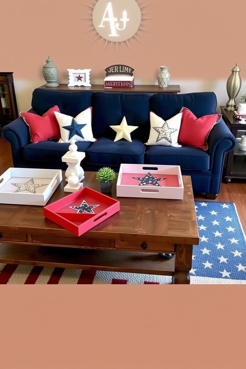 A set of decorative trays featuring star motifs is arranged elegantly on a rustic wooden coffee table. The trays come in varying sizes and colors, with intricate star patterns that add a touch of celestial charm to the room, complementing the surrounding decor. For Memorial Day living room decorating ideas, envision a cozy space adorned with red, white, and blue accents. A plush navy blue sofa with patriotic-themed throw pillows sits in the center, while an American flag-inspired rug anchors the room, creating a festive and inviting atmosphere.