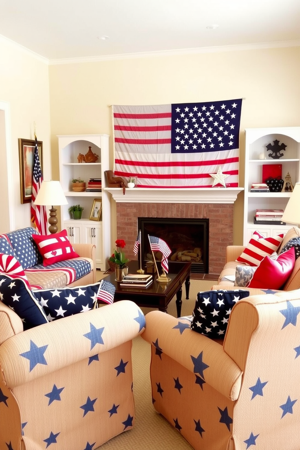 A cozy living room adorned with cushioned seating featuring vibrant flag patterns. The sofa and armchairs are covered in fabric displaying stars and stripes, creating a patriotic ambiance perfect for Memorial Day celebrations. The walls are painted in a soft beige tone, complementing the red, white, and blue decor. A large American flag hangs above the fireplace, while small, decorative flags are placed on the coffee table and shelves, adding to the festive atmosphere.