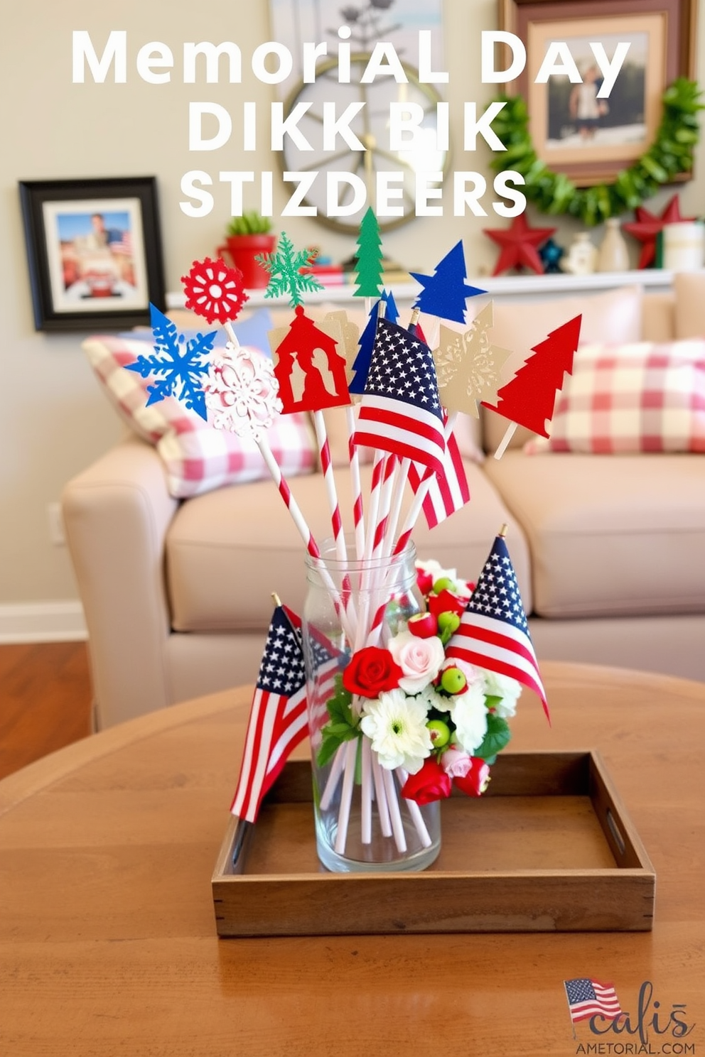 Festive drink stirrers for gatherings. Create a set of drink stirrers featuring holiday-themed designs such as snowflakes, reindeer, and Christmas trees, made from colorful acrylic or wood. Arrange them in a decorative glass jar on the bar counter, adding a festive touch to your holiday gatherings. Memorial Day Living Room Decorating Ideas. Design a living room with a patriotic theme, incorporating red, white, and blue accents through throw pillows, blankets, and wall art. Add a centerpiece on the coffee table featuring a vase with American flags and fresh flowers, creating a festive and respectful atmosphere for Memorial Day.