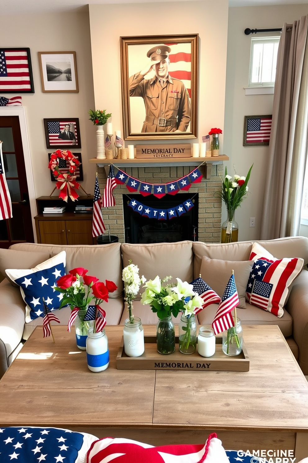 A cozy living room adorned with patriotic-themed DIY crafts. The walls feature framed artwork of American flags, and a handmade wreath with red, white, and blue ribbons hangs on the front door. On the coffee table, mason jars painted in patriotic colors hold fresh flowers, and star-spangled throw pillows are scattered on the sofa. The mantelpiece is decorated with a DIY banner of stars and stripes, and a wooden sign with a heartfelt message of gratitude for veterans stands proudly. A Memorial Day living room that exudes warmth and respect. The seating area is centered around a large, plush sofa with cushions in shades of red, white, and blue. A rustic wooden coffee table displays a collection of candles and small American flags. Above the fireplace, a large framed photograph of a soldier saluting is the focal point, flanked by vases filled with poppies and white lilies. The windows are adorned with sheer curtains that allow natural light to illuminate the room, enhancing the patriotic decor.