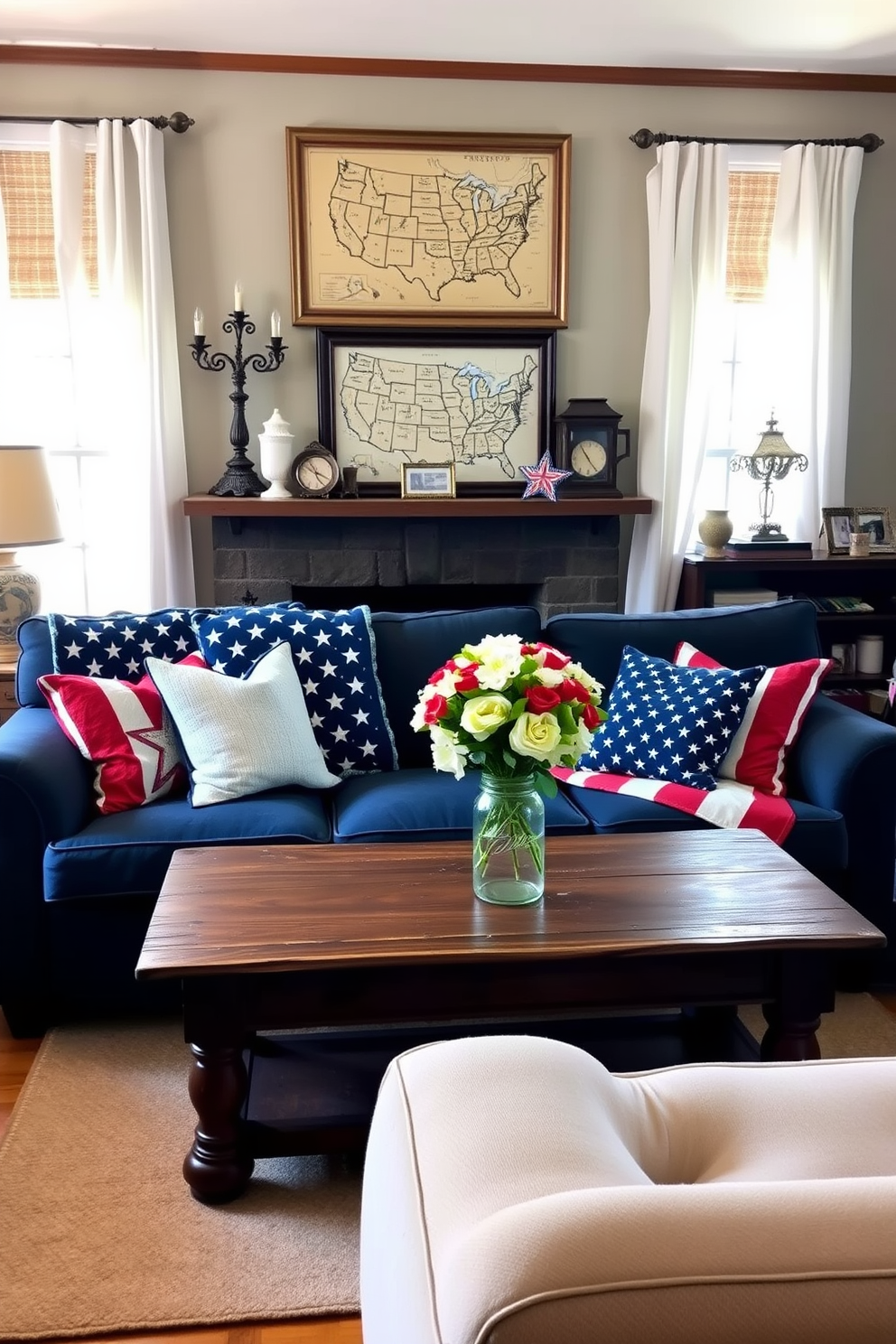 A cozy living room exudes patriotic charm with a vintage American flag quilt draped over a plush, navy blue sofa. Red, white, and blue throw pillows add a festive touch, while a rustic wooden coffee table displays a centerpiece of fresh flowers in a mason jar. Above the fireplace, a framed antique map of the United States enhances the nostalgic ambiance. Soft, natural light filters through white sheer curtains, illuminating a collection of Americana-themed decor on the mantel.