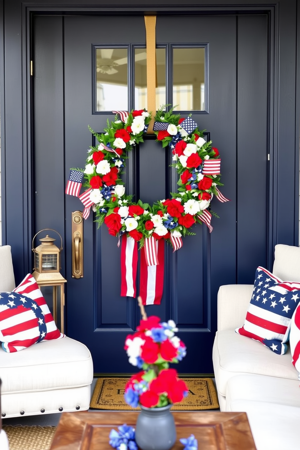 A patriotic wreath adorns the front door, featuring a mix of red, white, and blue flowers, intertwined with small American flags and ribbons. The door itself is painted a deep navy blue, providing a perfect backdrop for the vibrant wreath, and a rustic welcome mat lies at its base. For Memorial Day living room decorating ideas, consider a cozy space with a large American flag draped over the mantle, flanked by vintage lanterns. The sofas are adorned with patriotic-themed throw pillows in stars and stripes patterns, and a coffee table centerpiece of red, white, and blue flowers completes the festive look.