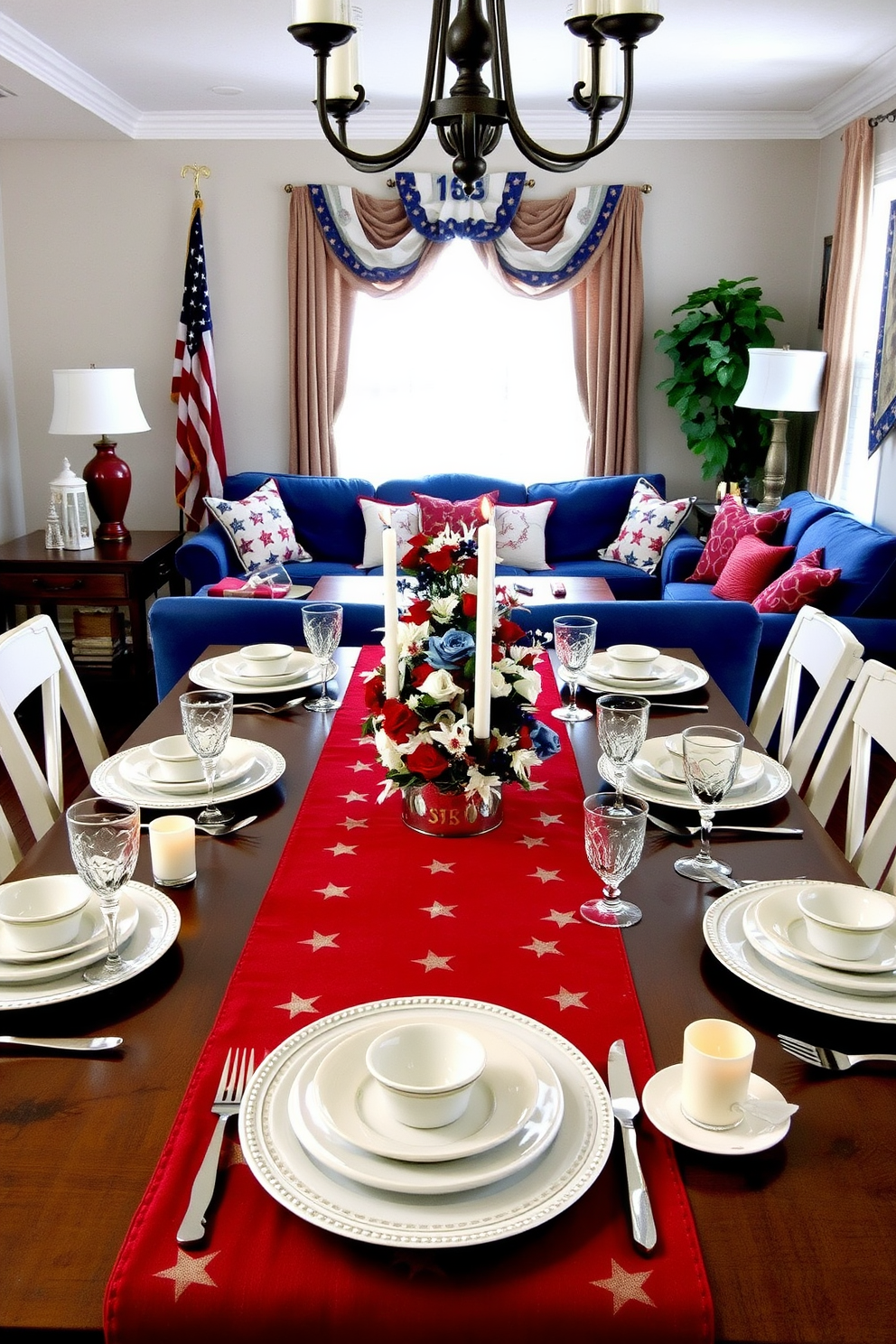 A festive table runner with stars adorns the dining table, featuring a rich red background and golden star patterns. The table is set with elegant white dinnerware, silver cutlery, and crystal glasses, with small votive candles scattered around to enhance the celebratory ambiance. Memorial Day Living Room Decorating Ideas include a cozy seating arrangement with a plush blue sofa and patriotic-themed throw pillows. The coffee table is decorated with a centerpiece of red, white, and blue flowers, while American flags and bunting adorn the walls, creating a warm and inviting space for the holiday.