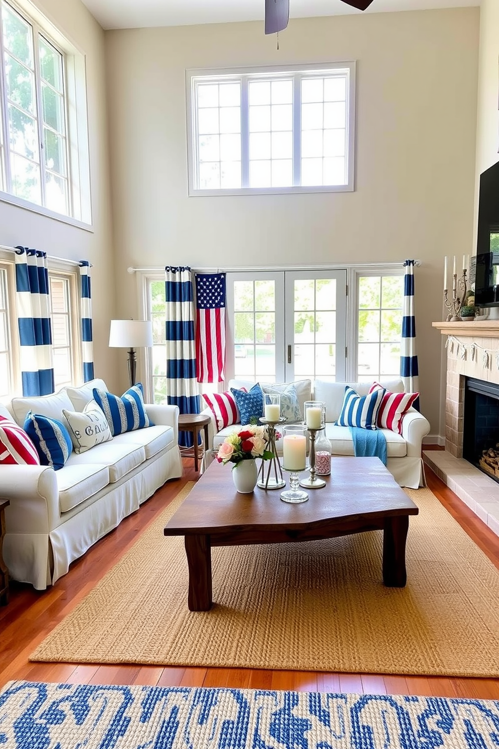 A cozy living room designed for Memorial Day celebrations. The space features blue and white striped curtains that frame large windows, allowing plenty of natural light to fill the room. A plush white sofa adorned with blue and red throw pillows sits against one wall, creating a comfortable seating area. A rustic wooden coffee table in the center of the room is decorated with a vase of fresh flowers and patriotic-themed candles. The walls are painted a soft beige, providing a neutral backdrop for the vibrant decor. An American flag hangs proudly above the fireplace, and a woven blue and white rug adds texture to the hardwood floor.