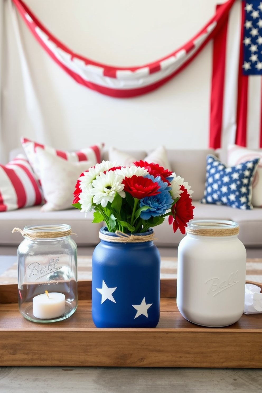 DIY patriotic candle holders. Create a set of three candle holders using mason jars, red, white, and blue paint, and twine. Each jar is painted in a solid color, with the red and blue jars featuring white star decals. Wrap the top of each jar with twine, securing it with a small bow. Place a white votive candle inside each jar and arrange them in a row on a wooden tray. Memorial Day Living Room Decorating Ideas. Transform your living room into a patriotic haven with red, white, and blue accents. Start by draping a large American flag over one wall as a focal point. Add throw pillows in patriotic colors and patterns to your sofa and chairs. Incorporate a mix of rustic and modern elements, such as a distressed wooden coffee table adorned with a vase of fresh flowers in red, white, and blue hues.