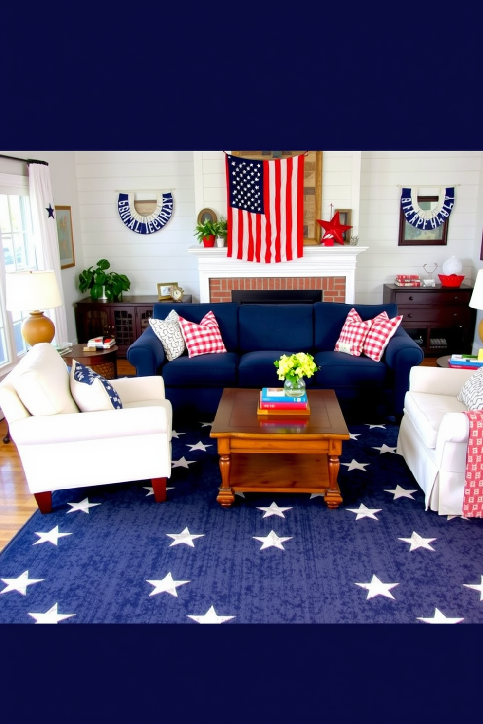 A cozy living room with a patriotic theme. A large stars and stripes area rug anchors the space, with a navy blue sofa and white armchairs arranged around it. Red, white, and blue throw pillows are scattered on the seating, and a wooden coffee table sits in the center. On the mantel above the fireplace, an American flag is draped, and festive banners hang from the walls.