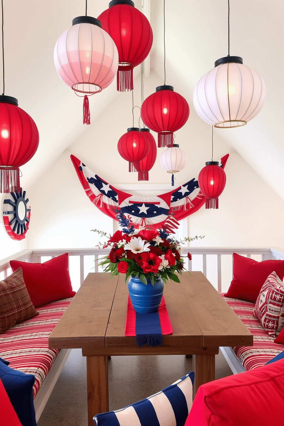 Decorative lanterns in red, white, and blue are suspended from the ceiling, casting a warm glow over the space. The loft features a rustic wooden table adorned with a vibrant tablecloth and an arrangement of fresh flowers in patriotic colors. The walls are painted in a soft white, providing a bright backdrop for the festive decor. Cozy seating areas with plush cushions in red and blue invite guests to relax and enjoy the holiday atmosphere.