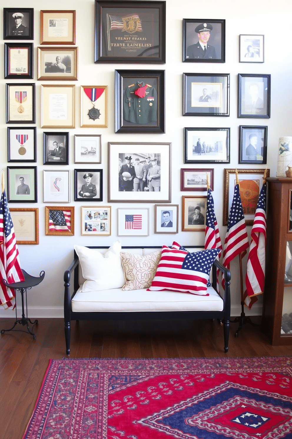 A gallery wall featuring military memorabilia showcases an array of framed medals, photographs, and uniforms. The arrangement is thoughtfully curated to highlight the stories behind each piece, creating a meaningful connection to history. For Memorial Day loft decorating ideas, the space is adorned with red, white, and blue accents, including throw pillows and a vibrant rug. Vintage flags and patriotic artwork are strategically placed to evoke a sense of pride and remembrance.