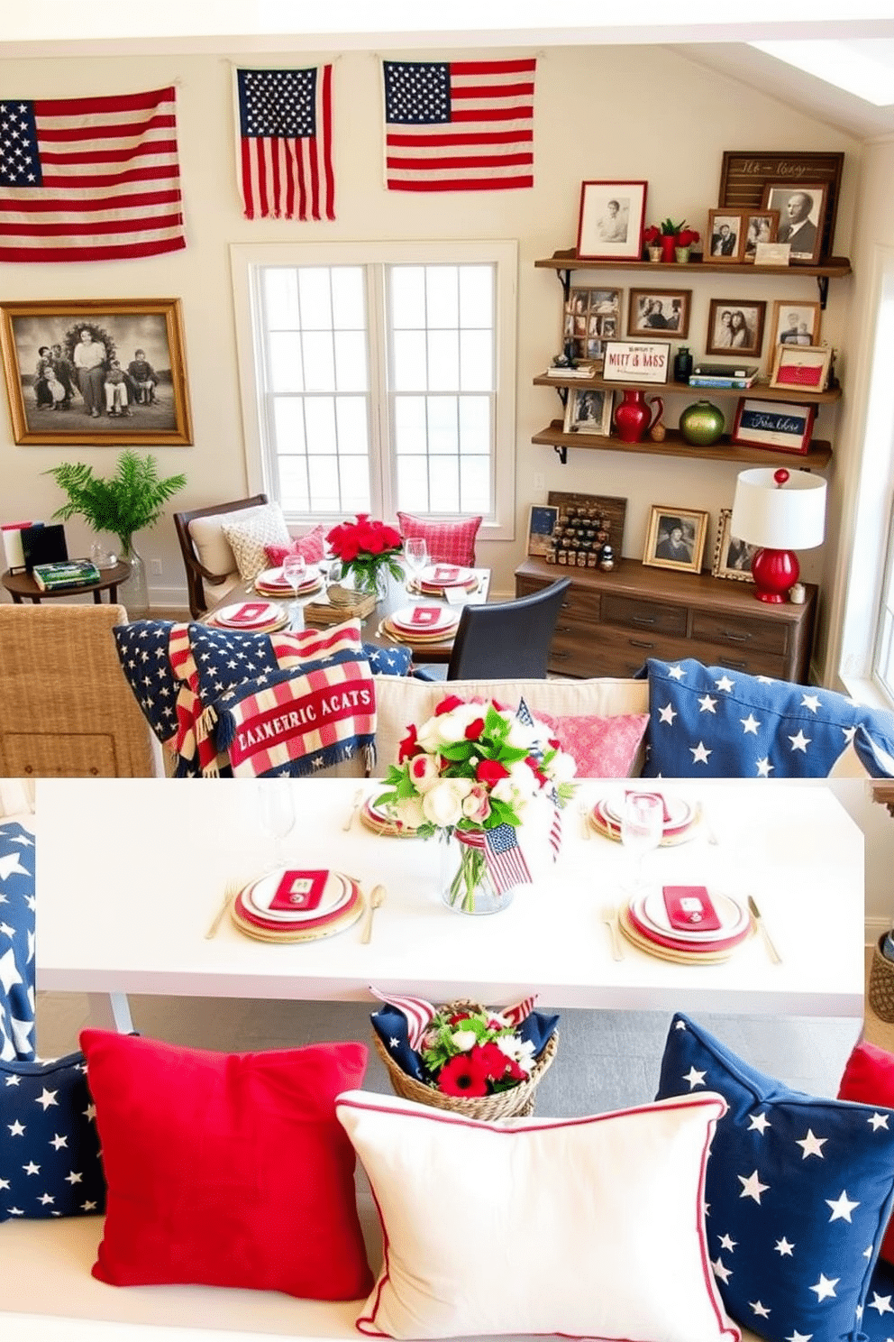 Cozy blankets in Americana patterns drape over a plush cream sofa, adding warmth and a touch of nostalgia to the space. The walls are adorned with vintage American flags and rustic wooden shelves displaying framed family photos. Memorial Day Loft Decorating Ideas feature a spacious open layout with a large dining table set for a festive gathering. Red, white, and blue accents are incorporated through table settings, decorative pillows, and a vibrant floral centerpiece.