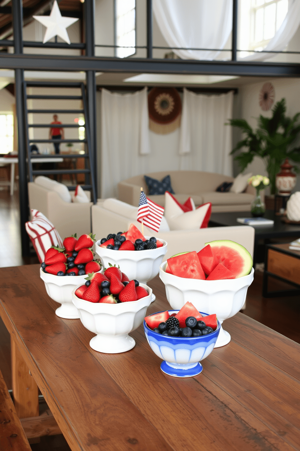 A vibrant display of seasonal fruit arranged in red, white, and blue ceramic bowls sits on a rustic wooden table. The bowls are filled with strawberries, blueberries, and slices of watermelon, creating a festive and inviting atmosphere. In a stylish loft setting, the decor reflects a Memorial Day theme with subtle patriotic elements. Soft white linens drape over modern furniture, while decorative stars and stripes accents add a touch of celebration to the space.