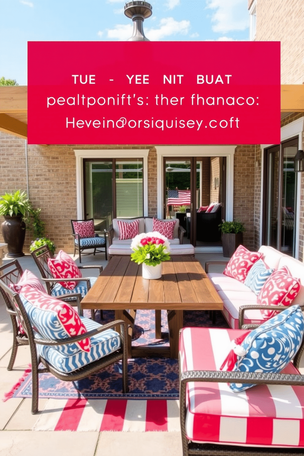 Outdoor seating with colorful cushions. A spacious patio features a large wooden table surrounded by comfortable chairs adorned with vibrant, patterned cushions. Memorial Day Loft Decorating Ideas. The loft is decorated with red, white, and blue accents, including a stylish area rug and festive throw pillows on the sofa.