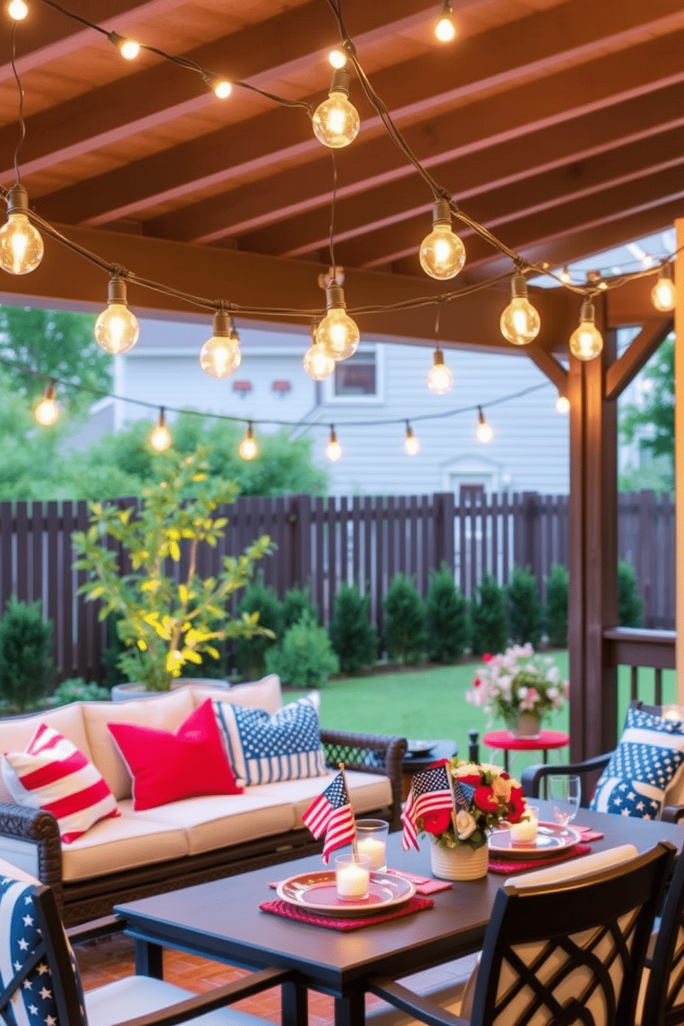 Hanging string lights create a warm and inviting atmosphere for evening gatherings. The soft glow enhances the outdoor space, making it perfect for entertaining friends and family. For Memorial Day loft decorating ideas, incorporate red, white, and blue accents throughout the space. Use patriotic-themed pillows, table settings, and wall art to celebrate the holiday in style.