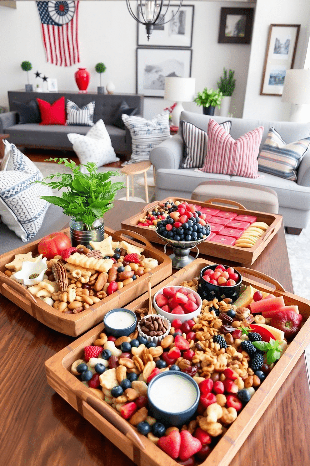 A stylish arrangement of decorative trays filled with seasonal snacks. The trays are made of natural wood and feature an assortment of colorful fruits, nuts, and artisanal treats, beautifully presented for a festive gathering. A modern loft decorated for Memorial Day with a patriotic theme. The space includes a mix of red, white, and blue accents, such as throw pillows, table runners, and wall art, creating a welcoming atmosphere for friends and family.