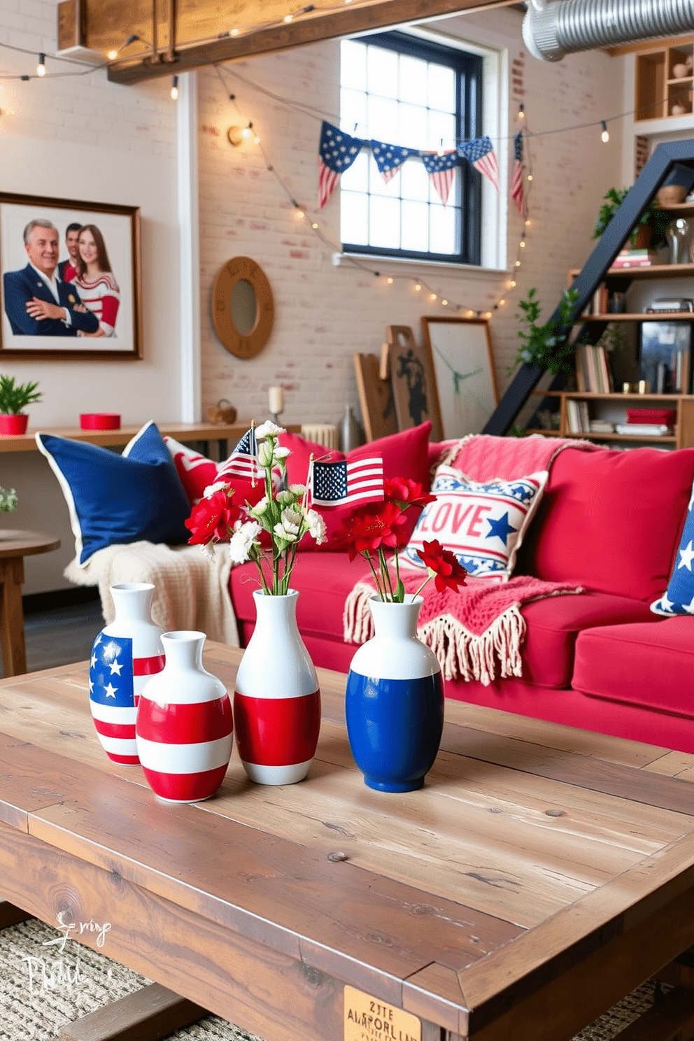 Create a vibrant loft space that celebrates Memorial Day with ceramic vases featuring flag motifs. Arrange the vases on a rustic wooden coffee table surrounded by cozy seating in red, white, and blue tones. Incorporate patriotic throw pillows and a woven blanket on the couch to enhance the festive atmosphere. Use string lights and a small American flag banner to add a touch of whimsy to the decor.