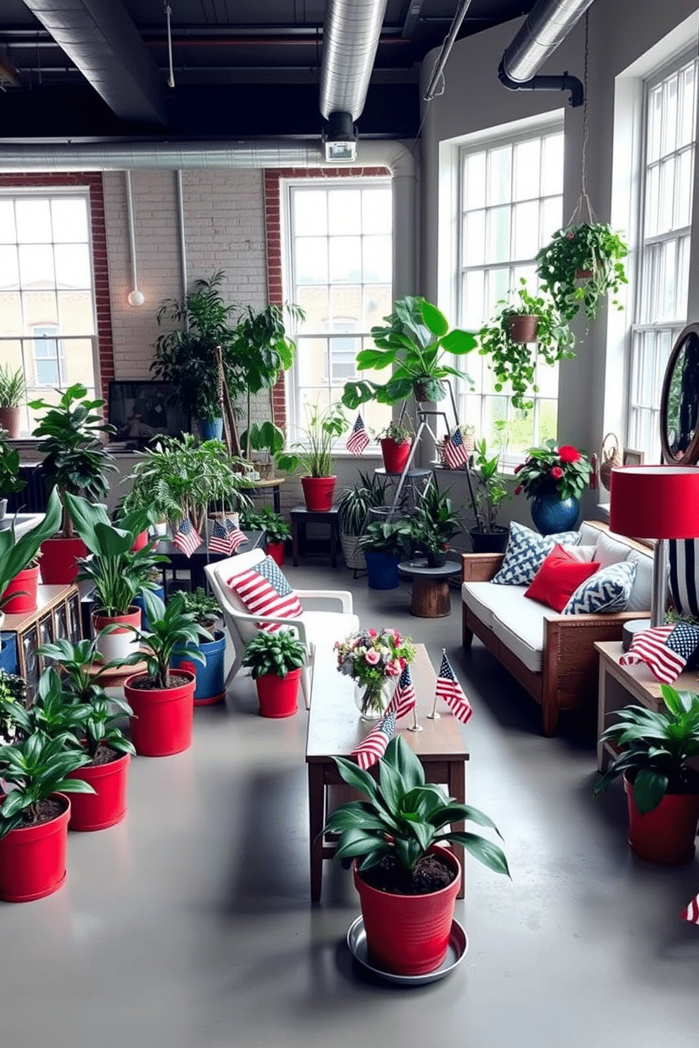 A vibrant loft space filled with natural light. The room features an array of potted plants in red, white, and blue pots, strategically placed to enhance the festive atmosphere. The decor incorporates patriotic elements with subtle elegance. Cozy seating arrangements and decorative accents celebrate Memorial Day while maintaining a sophisticated aesthetic.