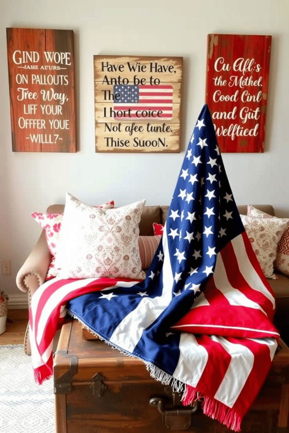 Wooden signs with patriotic quotes are displayed prominently on the walls, featuring inspirational messages that evoke a sense of national pride. The signs are crafted from reclaimed wood, adding a rustic charm to the overall decor. For Memorial Day loft decorating ideas, the space is adorned with red, white, and blue accents, including throw pillows and blankets that create a festive atmosphere. A large American flag is draped artistically over a vintage trunk, serving as a focal point in the room.