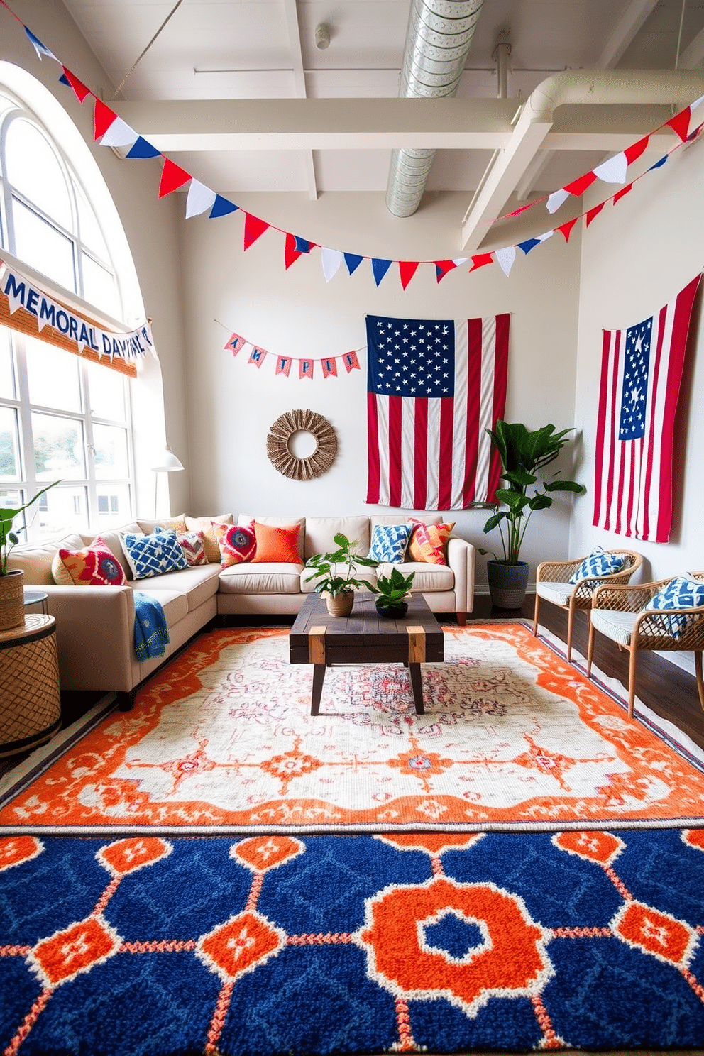 A cozy living room featuring layered rugs in complementary colors. The base rug is a soft cream while the top rug showcases a vibrant geometric pattern in shades of blue and orange. The furniture arrangement includes a plush sectional sofa adorned with colorful throw pillows. A rustic coffee table sits at the center, surrounded by potted plants that add a touch of greenery. For Memorial Day loft decorating ideas, the space is decorated with red, white, and blue accents. Festive bunting hangs from the ceiling, and a large flag is displayed on one wall, creating a patriotic atmosphere.