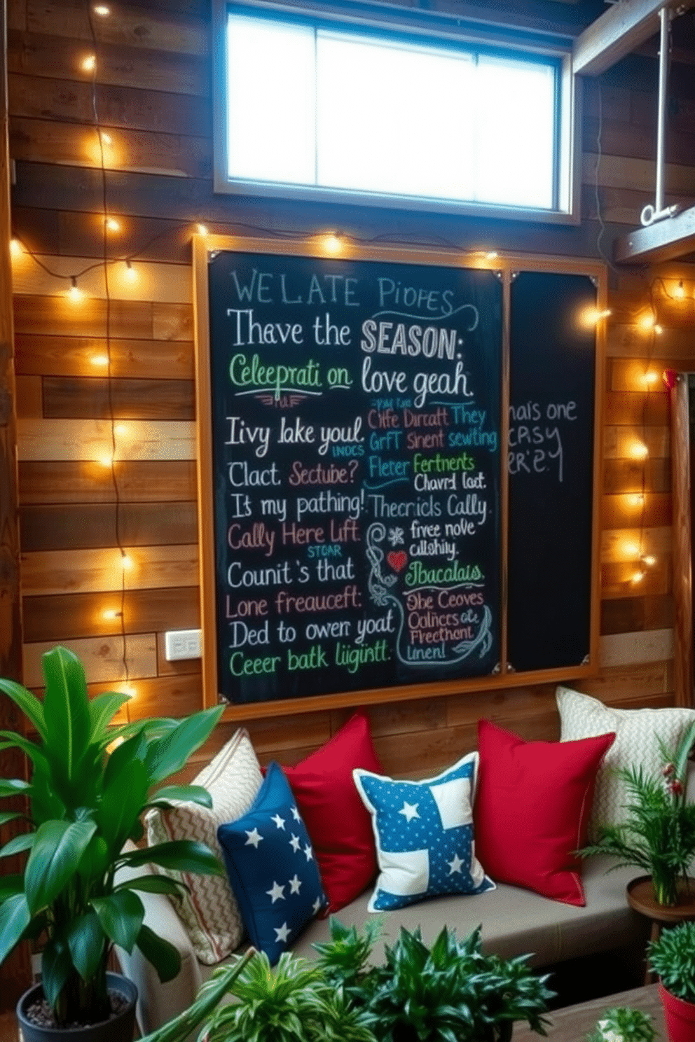 A large chalkboard is mounted on a rustic wooden wall, filled with colorful festive messages celebrating the spirit of the season. Surrounding the chalkboard are string lights that create a warm and inviting atmosphere for gatherings. The loft features a blend of modern and vintage decor, with a cozy seating area adorned with throw pillows in patriotic colors. A large American flag art piece serves as a focal point, complemented by a collection of potted plants that add a touch of greenery to the space.