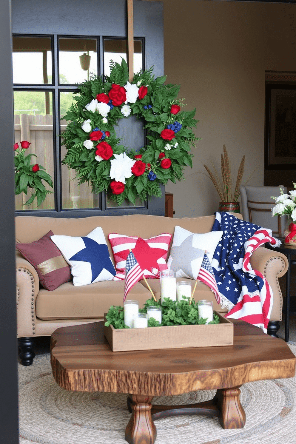 A seasonal wreath made of fresh greenery and colorful flowers adorns the front door, welcoming guests with a touch of nature. The wreath features red white and blue accents to celebrate the spirit of Memorial Day. Inside the loft, patriotic decor elements like star-shaped cushions and a striped throw blanket are thoughtfully arranged on a plush sofa. A rustic coffee table displays a centerpiece of candles and small flags, creating a warm and inviting atmosphere for the holiday.