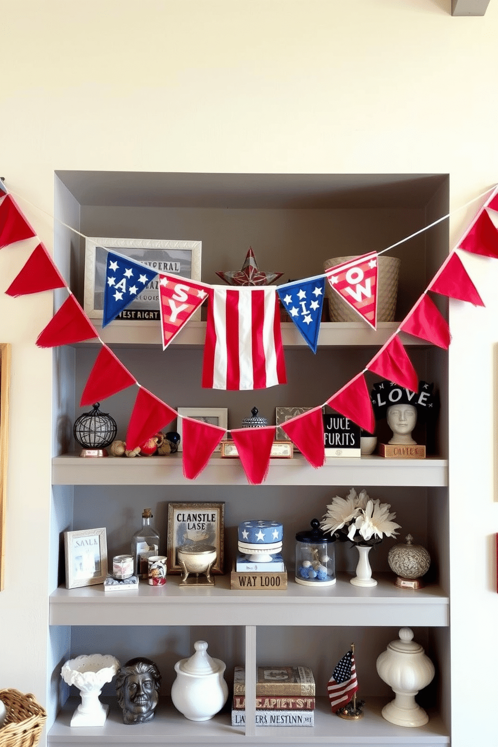 Colorful banners draped across shelves create a festive and inviting atmosphere in the loft. The shelves are adorned with a mix of decorative items and seasonal accents, showcasing a vibrant palette that reflects the spirit of Memorial Day.