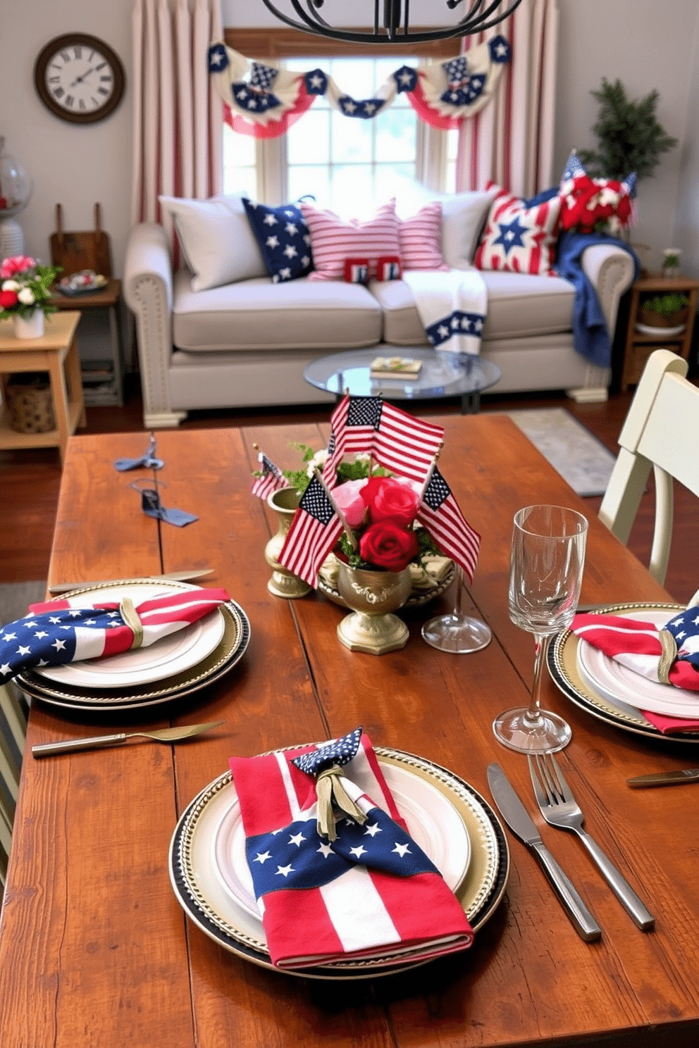 Festive napkins in Americana designs feature vibrant red, white, and blue patterns with stars and stripes. They are elegantly arranged on a rustic wooden table, complemented by vintage tableware and seasonal decorations. Memorial Day loft decorating ideas include a cozy seating area adorned with patriotic throw pillows and blankets. The space is enhanced by subtle lighting and decorative elements like small flags and floral arrangements in red, white, and blue.