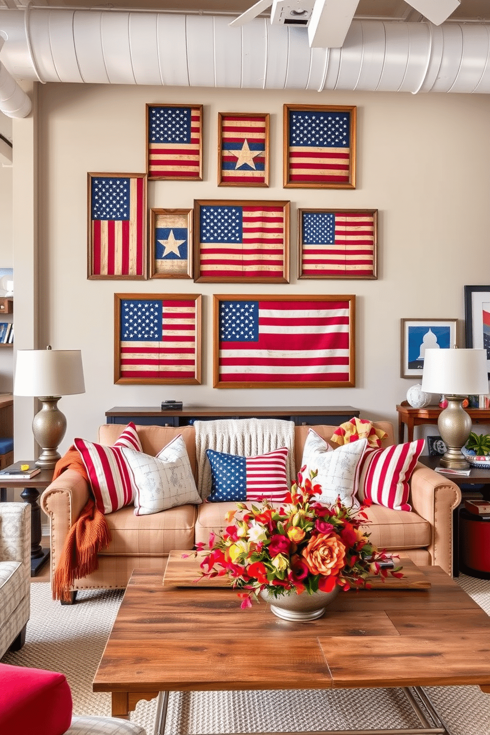 A stylish loft featuring vintage American flags as wall art creates a patriotic ambiance. The flags are framed in rustic wooden frames and arranged in a gallery style on the main wall. The loft is decorated with red, white, and blue accents throughout, including throw pillows and a cozy blanket on the sofa. A wooden coffee table holds a centerpiece of fresh flowers in seasonal colors, enhancing the festive atmosphere.