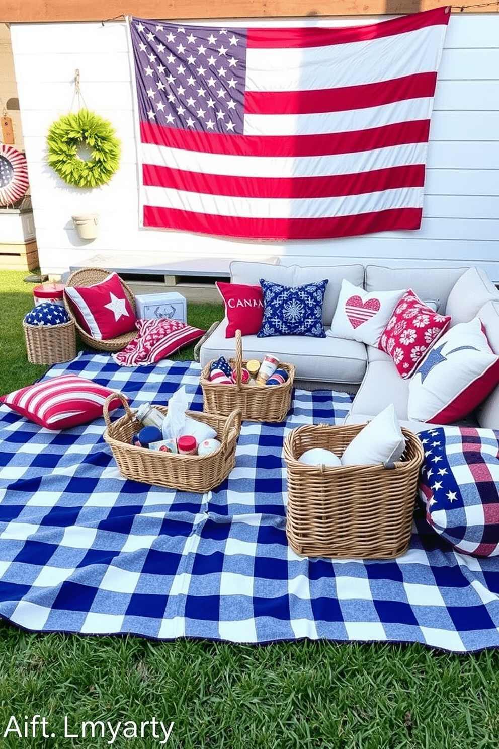 Outdoor picnic setup with blankets. A large checkered blanket is spread across a grassy area, surrounded by colorful cushions and a wicker basket filled with snacks. Memorial Day loft decorating ideas. The loft features patriotic decor with red, white, and blue accents, including a large flag draped on the wall and themed throw pillows on a cozy sectional sofa.