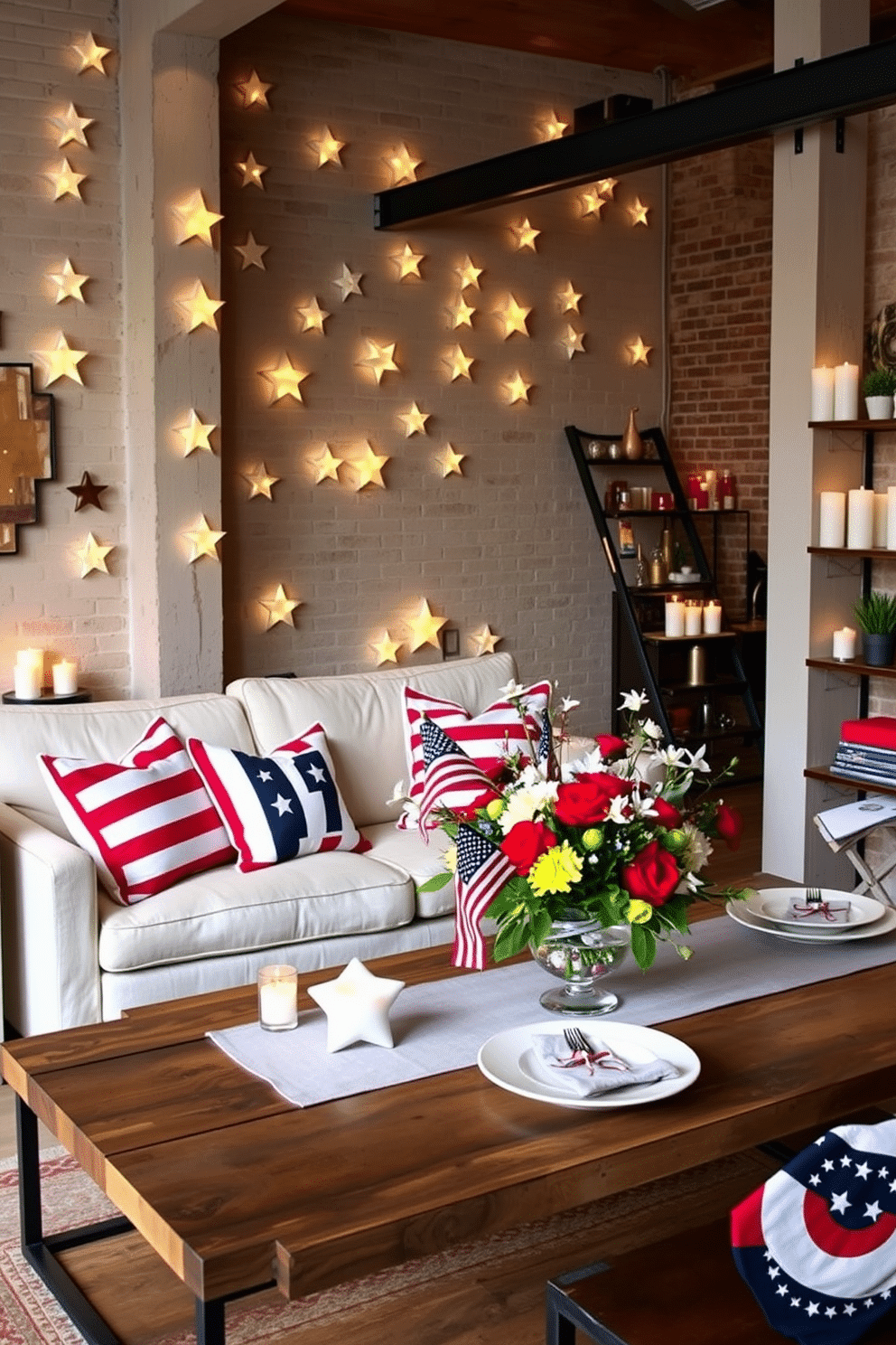 A cozy loft space adorned with star shaped candles scattered throughout for a warm ambiance. The candles are placed on various surfaces, including a rustic wooden coffee table and a sleek metal shelf, casting soft flickering light across the room. For Memorial Day, the loft is decorated with red, white, and blue accents. Patriotic throw pillows are arranged on a plush sofa, and a festive table setting features a vibrant centerpiece with fresh flowers and themed tableware.