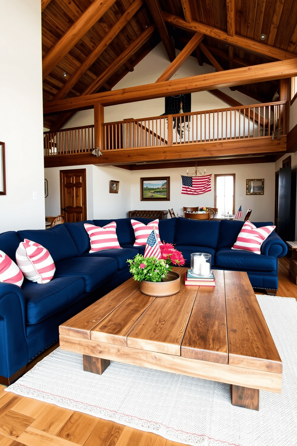 A cozy loft space adorned with rustic wood accents and patriotic colors creates a warm and inviting atmosphere. The walls are painted in a soft cream, while wooden beams stretch across the ceiling, adding character and charm. A large sectional sofa in deep navy blue is complemented by throw pillows in red and white stripes. An oversized coffee table made from reclaimed wood sits at the center, surrounded by vintage-inspired decor that celebrates the spirit of Memorial Day.