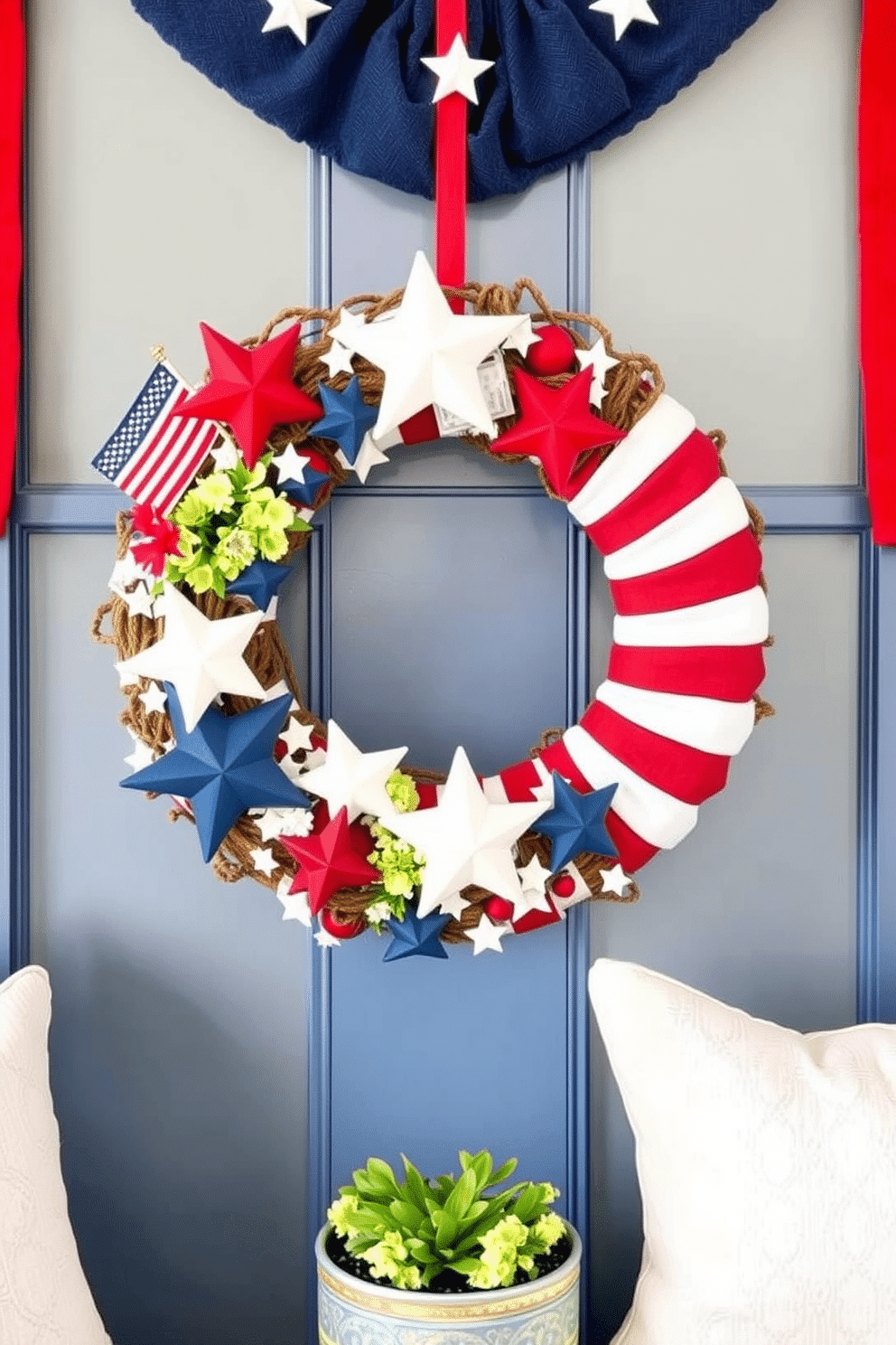 A DIY wreath that features a combination of stars and stripes in red, white, and blue. The wreath is adorned with small decorative elements like miniature flags and seasonal flowers. For a Memorial Day loft decorating idea, consider using a palette of patriotic colors throughout the space. Incorporate elements like throw pillows, table runners, and wall art that celebrate the holiday while maintaining a stylish and cohesive look.