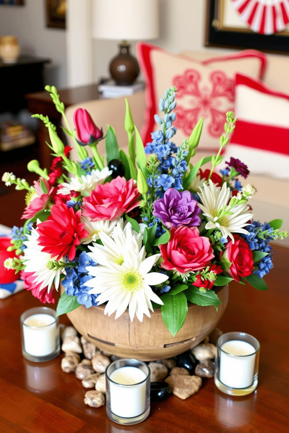 A vibrant festive centerpiece featuring a mix of fresh seasonal flowers in a variety of colors arranged in a rustic wooden bowl. Surround the centerpiece with small candles and decorative stones to enhance the festive atmosphere. For Memorial Day loft decorating ideas, incorporate red, white, and blue accents throughout the space. Use a combination of patriotic-themed throw pillows, table runners, and wall art to create a warm and inviting environment that honors the holiday.