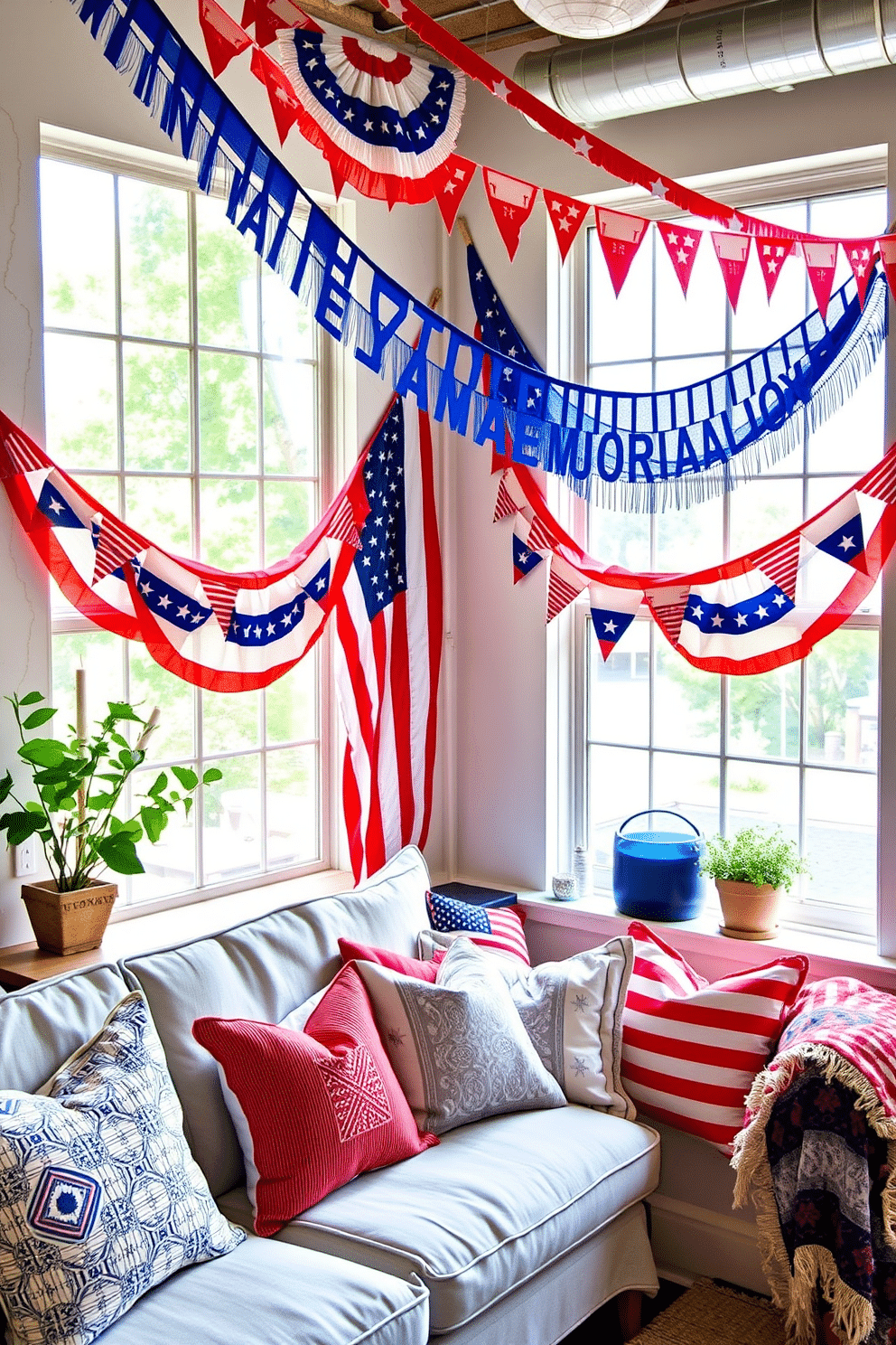 A vibrant loft decorated for Memorial Day features patriotic bunting draped across the windows creating a festive atmosphere. The space is filled with red white and blue accents including cushions and throws that celebrate the holiday spirit.