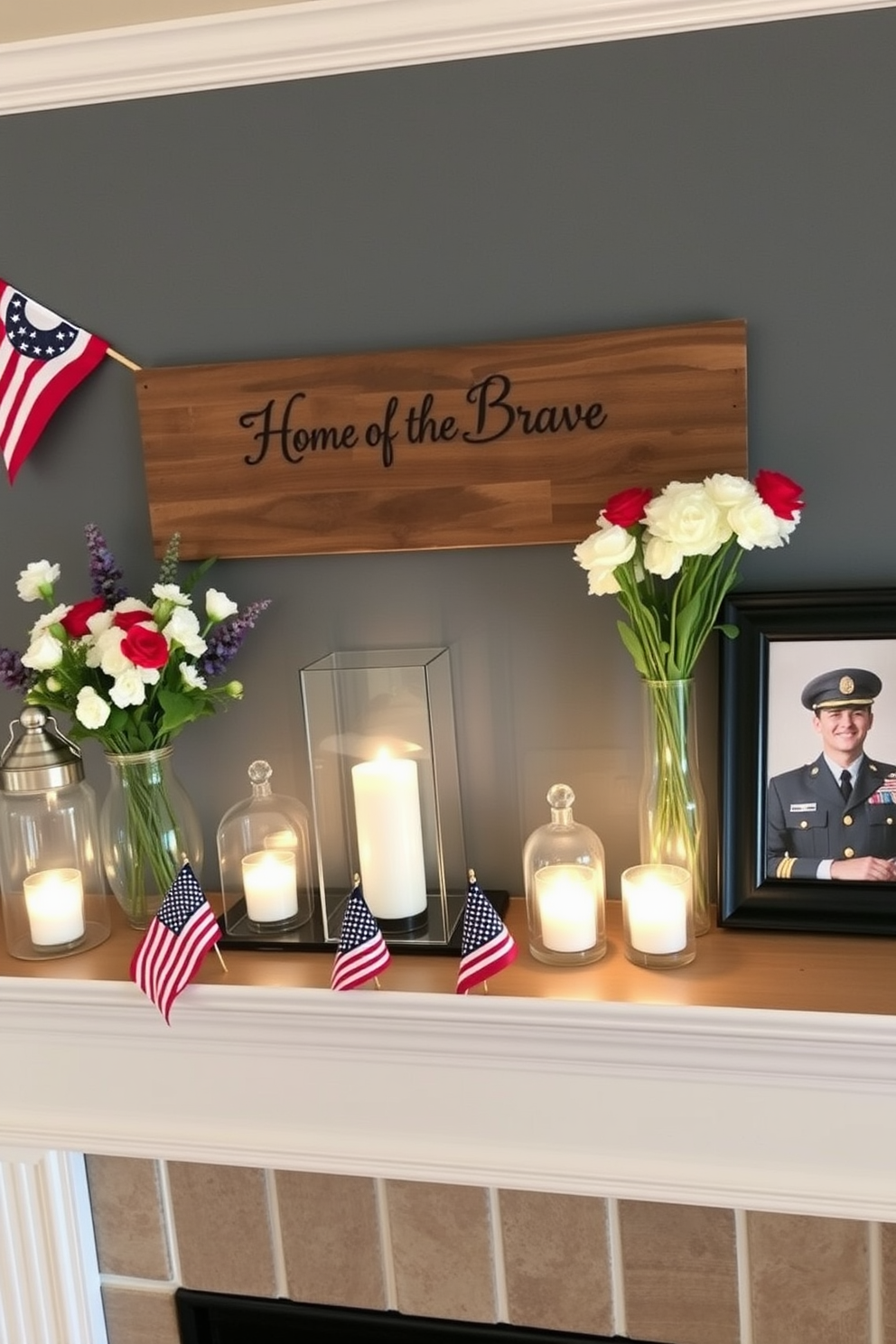 A cozy living room setting. On the mantel, a series of glass lanterns with battery-operated candles are arranged, casting a warm, flickering light. The mantel is decorated with patriotic elements for Memorial Day, including small American flags, red, white, and blue bunting, and a rustic wooden sign that reads 