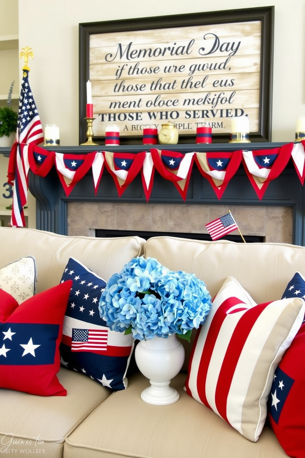 Seasonal throw pillows with patriotic themes. A cozy living room adorned with red, white, and blue throw pillows featuring stars, stripes, and flag motifs. The pillows are arranged on a neutral-colored sofa, creating a festive and inviting atmosphere perfect for celebrating national holidays. Memorial Day Mantel Decorating Ideas. A classic mantel decorated with a blend of patriotic elements such as miniature American flags, red and white candles, and blue hydrangeas in a white vase. The backdrop features a rustic wooden sign with a heartfelt message honoring those who served, complemented by a garland of red, white, and blue bunting draped across the mantel.